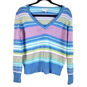 Vintage St. John's Bay M Blue White Purple Green Stripe Classic Pullover Sweater